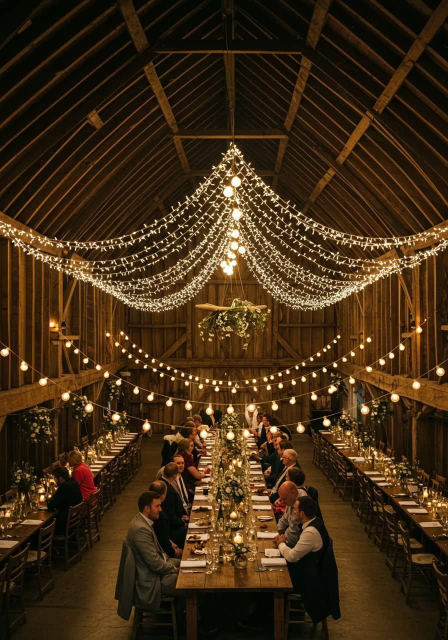 Dîner de mariage dans une grange sous un ciel de guirlandes lumineuses