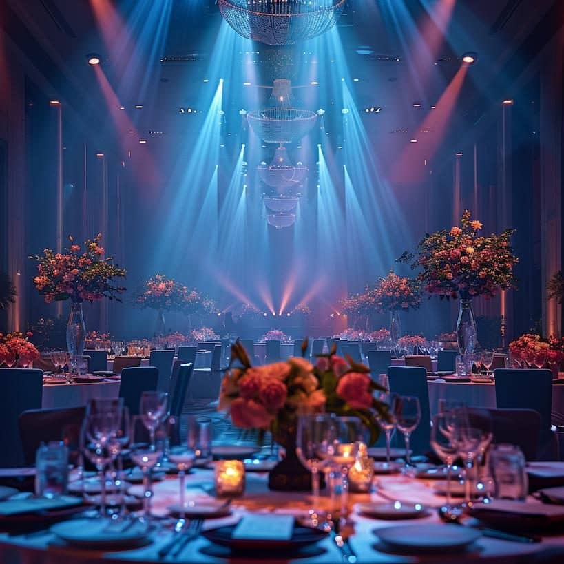 Dîner de gala sous des faisceaux de lumière bleue
